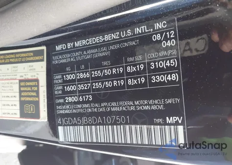 2013 Mercedes-Benz Ml 350 из США, поврежденный, VIN 4JGDA5JB8DA107501